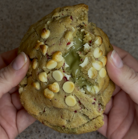 Pistachio Stuffed White Choc & Raspberry Cookies